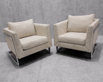 Mid Century Modern Milo Baughman Chrome Flat Bar Cantilever Club Chairs Newly Upholstered in Natural Linen Boucle - Pair