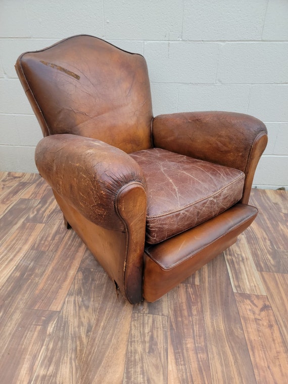 Vintage French Art Deco Original Distressed Leather Club Chair