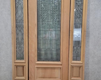 Vintage Unfinished Mahogany Door and Two Sidelights with Beveled and Jeweled Glass Exterior/Interior