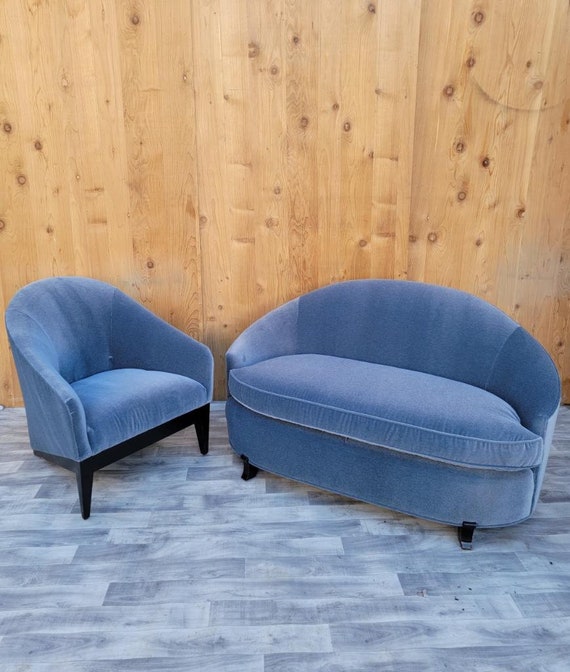Vintage Modern Deco Curved Settee and Barrel Back Lounge Chair by
