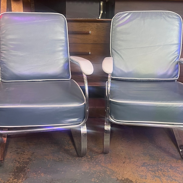 Art Deco KEM Weber Springer Tubular and Flat Bar Lounge Chairs Newly Upholstered - Pair