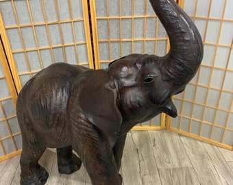 Vintage Leather Elephant Sculpture with Glass Eyes