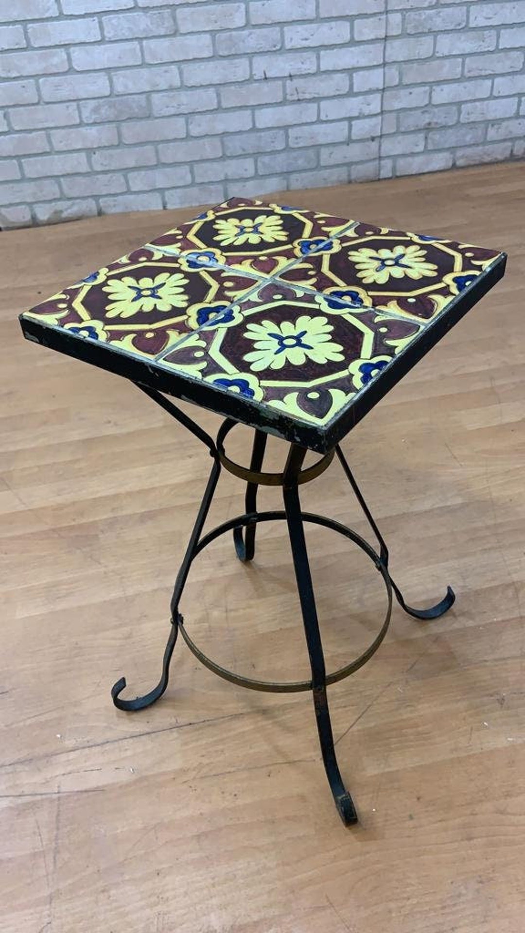 Vintage Wrought Iron Tile Top Accent Table Etsy