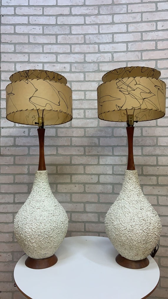 Mid Century modern Large Teak Popcorn Base Table Lamps Pair Etsy
