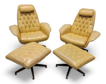 Mid Century Modern Eames Style Bentwood Tufted Leatherette Lounge Chairs & Ottoman Set Designed by George Mulhauser - Set of 2