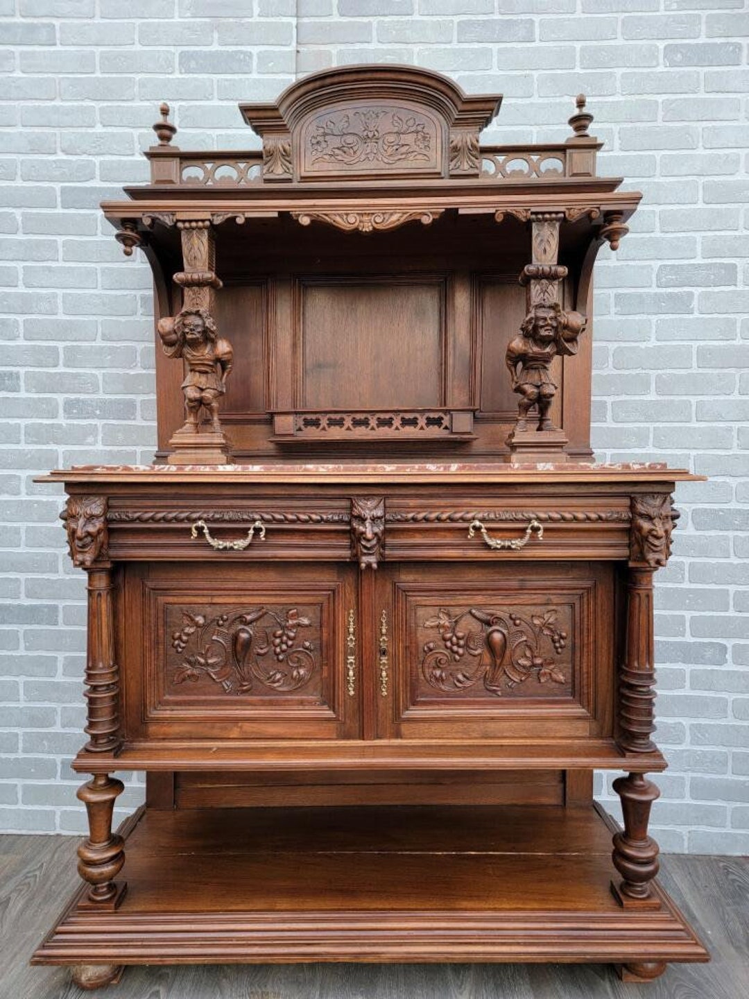 Antique French Carved Walnut Figural Ornate Server Buffet Cabinet Etsy Norway
