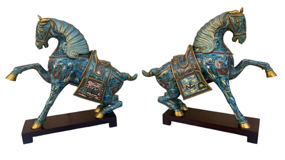 Vintage Chinese Cloisonné War Horse Sculptures - Pair