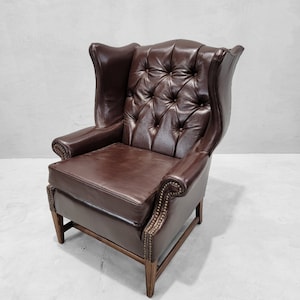 Vintage English Chesterfield Style Wingback Chair Newly Upholstered in Leather