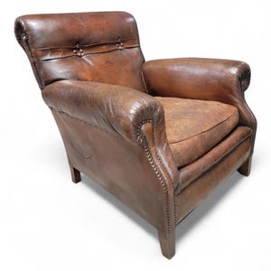 French Art Deco Distressed Brown Leather Club Chair