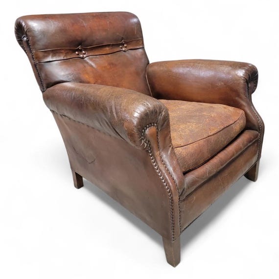 French Art Deco Distressed Brown Leather Club Chair
