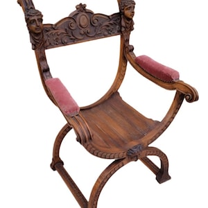 Antique Italian Renaissance Revival Carved Ornate Figural Savonarola Chair