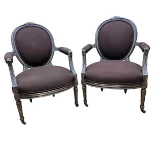 Antique French Louis XVI Style Carved Silver Gilt Framed Fauteuil Chairs - Pair