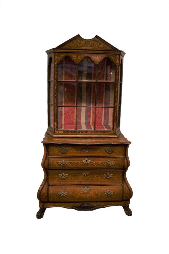 Antique Dutch Marquetry Display Vitrine Cabinet