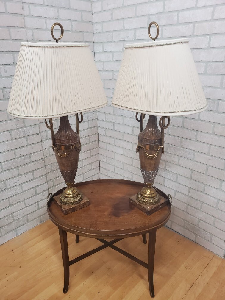 Maitland Smith Vintage Maitland Smith Tessellated Marble Fossil Stone Art Deco Table Lamps 