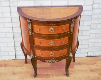 French Louis XVI Style 3 Drawer Marquetry Brass Ormolu Commode Cabinet