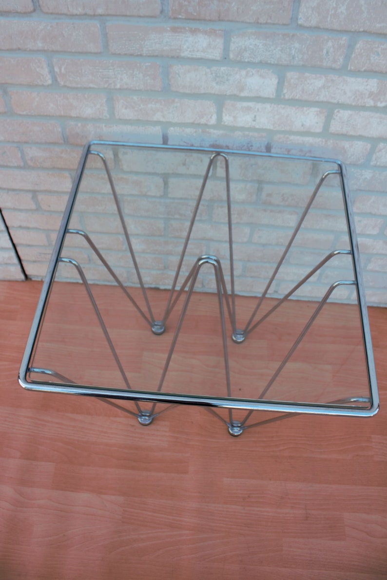 Mid Century Modern Geometric Inverted Pyramidal Chrome Base Glass Top Cocktail Side Table In the Style of Paolo Piva image 5