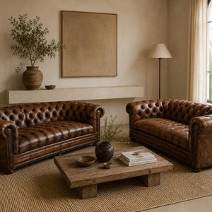 Vintage Engelse getufte verweerde cognacleren Chesterfield-bank - paar