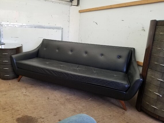 Mid Century Modern Adrian Pearsall Style For Craft Associates Black Leather Gondola Sofa