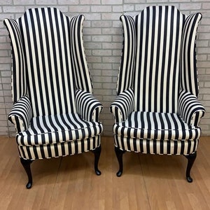 Vintage Queen Anne Style High Wingback Armchairs in Black and White Stripe Fabric - Pair