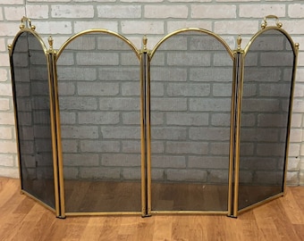 Vintage Mid Century Mesh with Brass Ball Handles & Finials Folding Hearth Screen