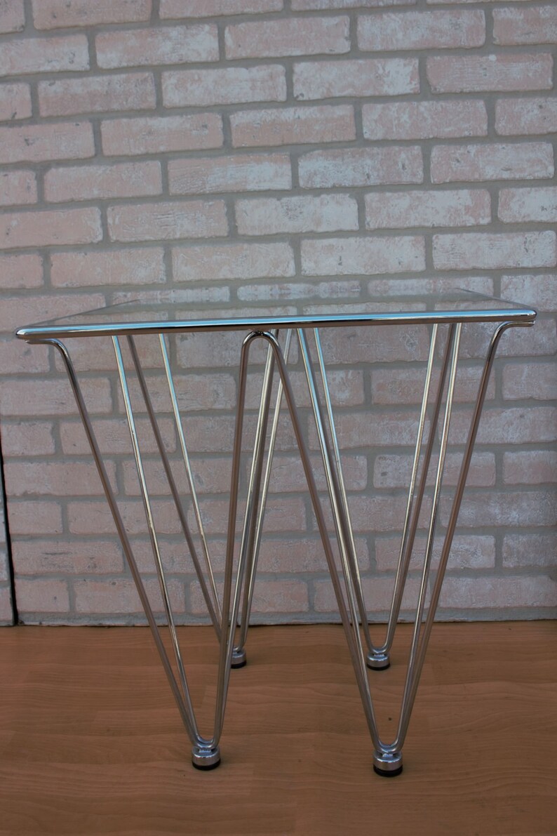 Mid Century Modern Geometric Inverted Pyramidal Chrome Base Glass Top Cocktail Side Table In the Style of Paolo Piva image 3