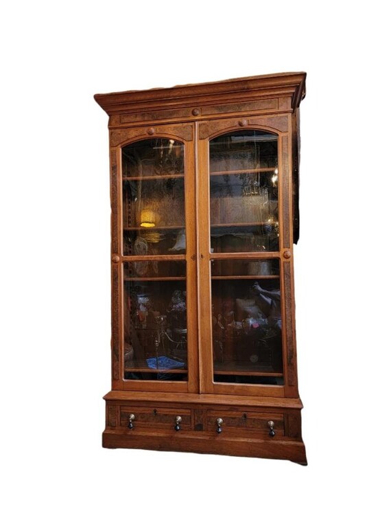 Antique Victorian Eastlake Style Walnut Display Cabinet Etsy UK