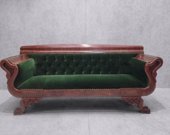 Antique Empire Style Mahogany Swan Grecian Sofa Newly Upholstered In a Green Velvet