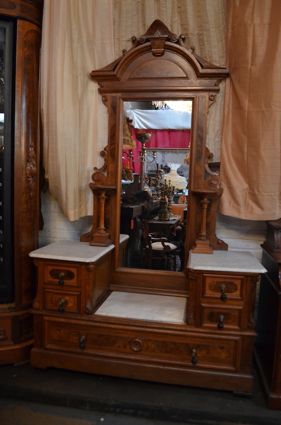 Antique Victorian Eastlake Vanity Dresser With Marble Tops Etsy