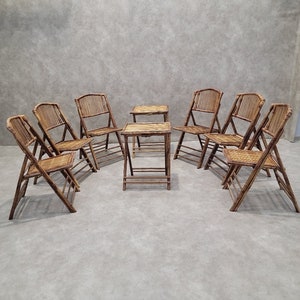 Mid Century Modern British Colonial Style Bamboo Folding Chairs with 2 Folding Bamboo Side Tables - 8 Piece