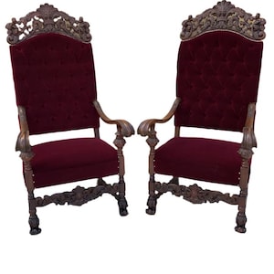 Antique French Regency Style Ornate Caved Walnut Throne Chairs Newly Upholstered in Mohair - Pair