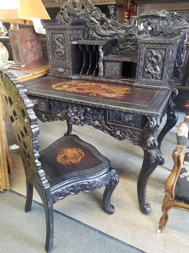 Antique Asian Wood Hand Carved Desk And Matching Chair