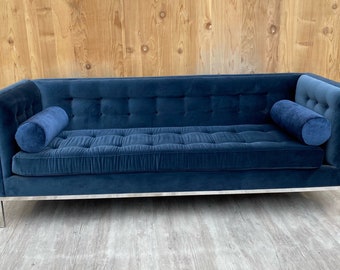 Mid Century Modern Tufted Sofa on Chrome Base by Knoll Newly Upholstered Blue Velvet