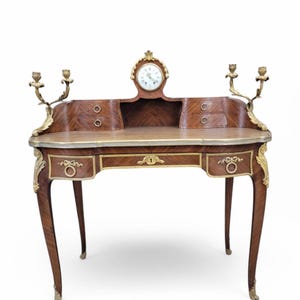 Antique French Louis Style Kidney Shaped Desk with Clock and Candelabras