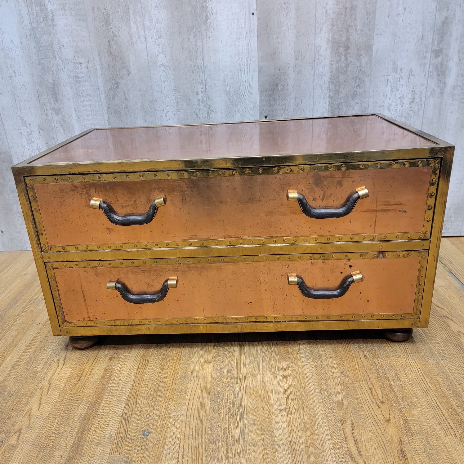 Brass Trunk Vintage Coffee or Cocktail Table, Copper Rivets, Signed Sarreid