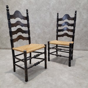 Vintage French Country Style Ladder Back Rush Seat Side Chairs - Pair