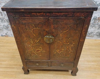 Antique Shanxi Province Elmwood Lacquered Cabinet with Painting on Doors