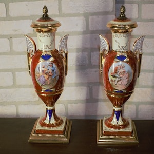 Antique French Sevres Style Hand Painted Porcelain and Brass Electrified Urns Table Lamps - Pair