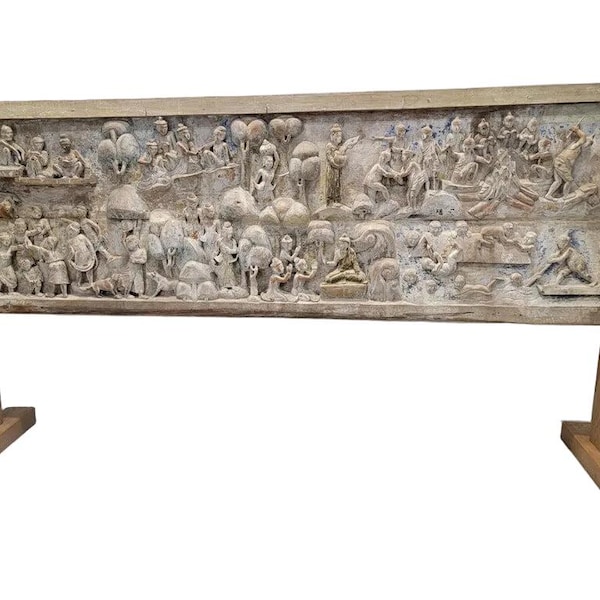 Antique Monumental Burmese Carved Mandalay Village Market Scene with Stand