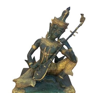 Antique Thai Prince Musician Gilded Statue Mandolin Music Player