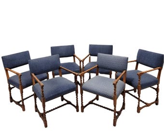 Vintage Baker Furniture English Oak Barley Twist Dining Chairs with Nailhead Finished - Set of 6