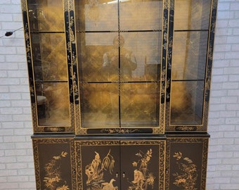 Vintage Asian Chinoiserie Drexel Hand Painted Breakfront Display China Cabinet