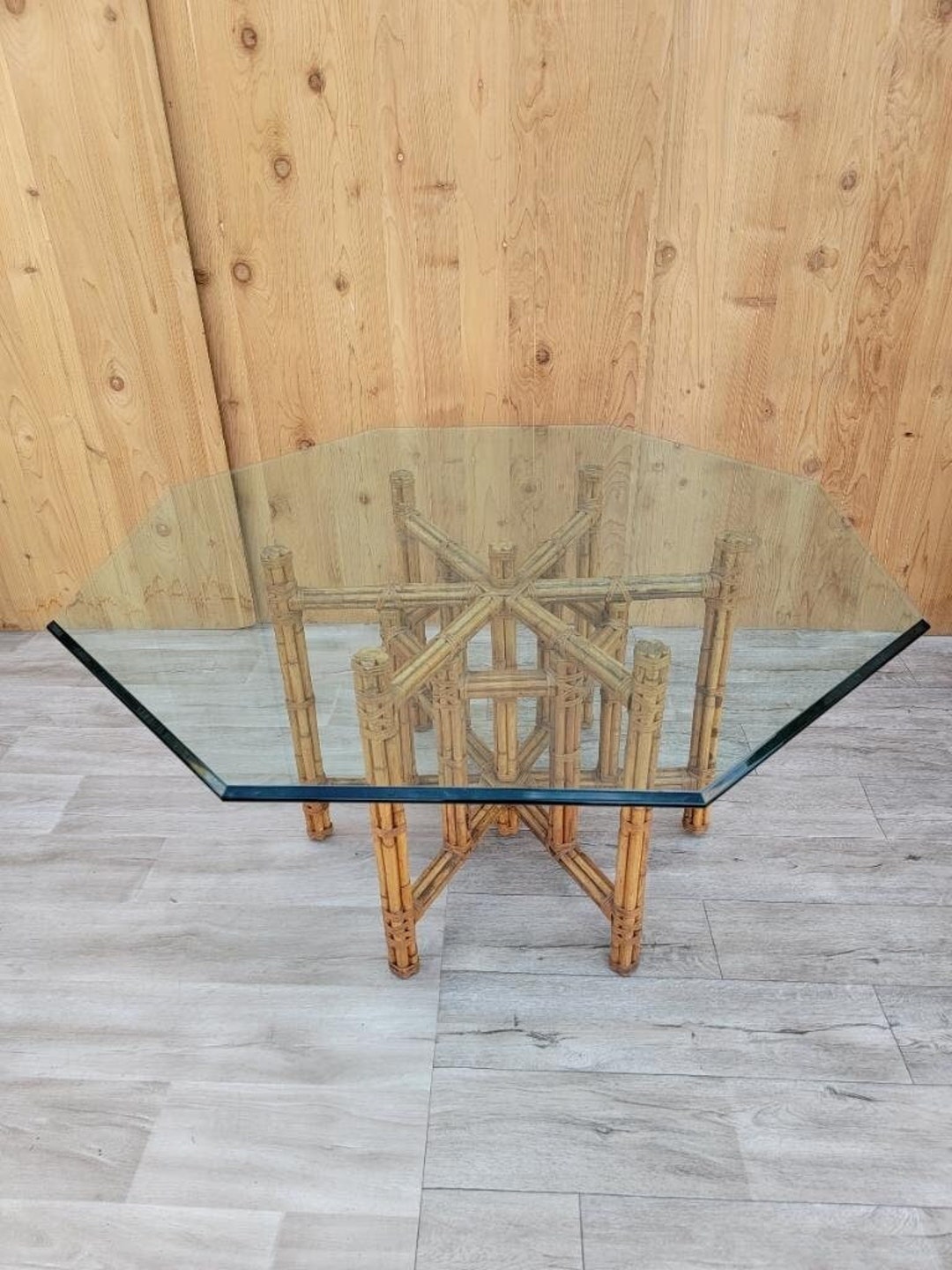 Vintage Coastal Mcguire Rattan and Bamboo Bundle Base Octagon Glass Top Dining Table Etsy UK