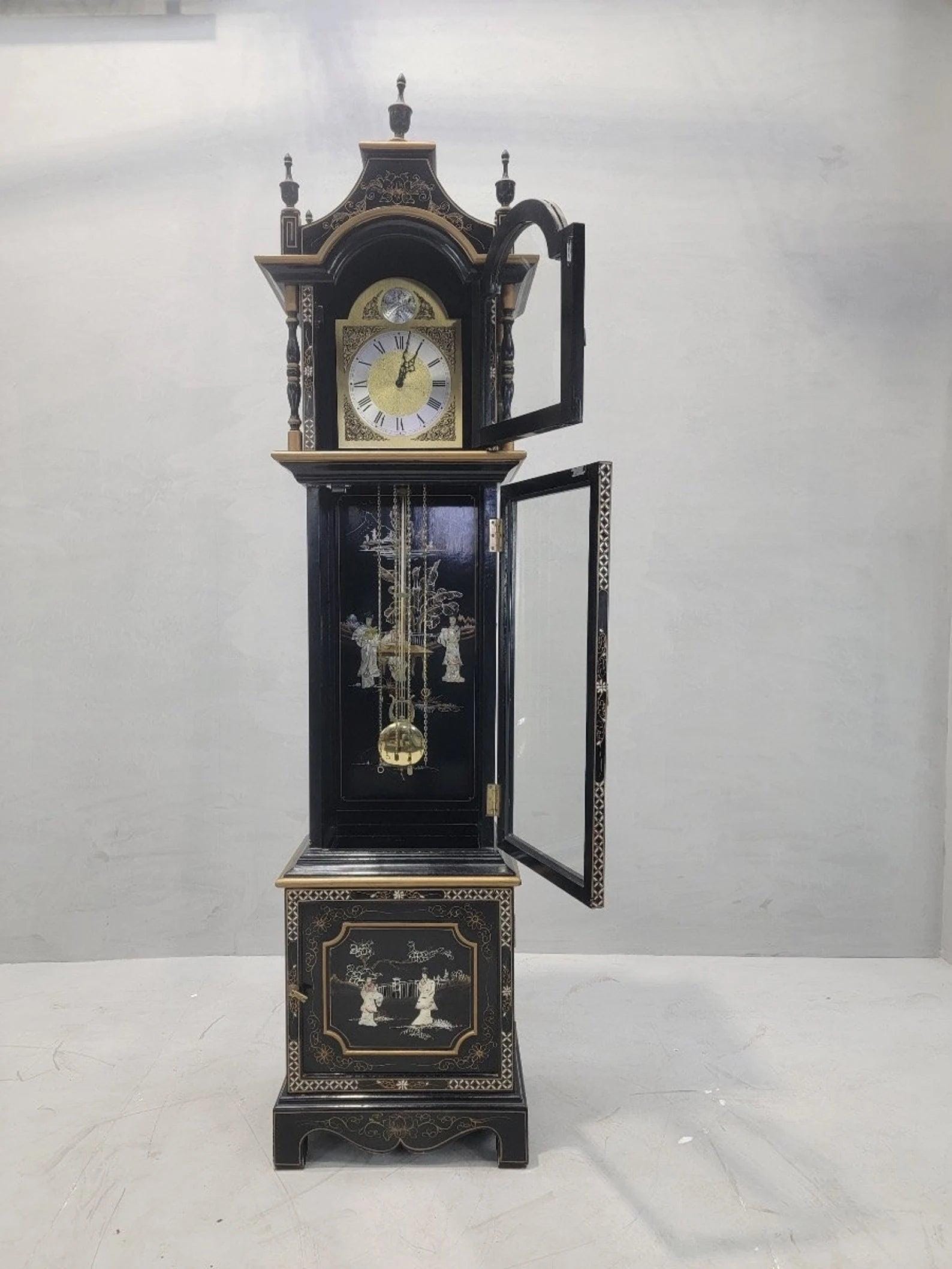 Vintage Wai Hing Clocks Co. Chinoiserie Black Lacquer Hand-painted