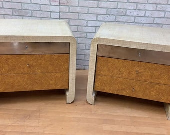 Modern Deco Style Ernest Masi Grass Cloth Wrapped Burlwood End Tables - Pair