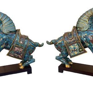 Vintage Chinese Cloisonné War Horse Sculptures on Mahogany Base - Pair