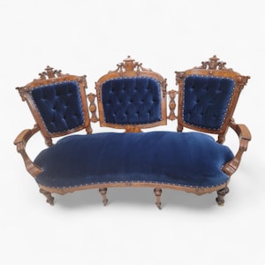 Antique Victorian Eastlake Style Carved Tufted Parlor Settee Sofa Newly Reupholstered in Blue Velvet