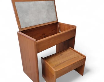 Mid Century Danish Vanity/Desk with Flip-Top Mirror and Stool