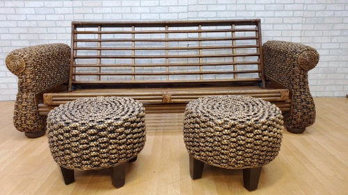 Modern Rustic Malaga Rattan Sofa Bed with 2 Rattan Ottomans