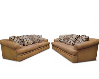 Vintage Distressed Rolled Arm Sofas by A. Rudin with Custom Pillows - Pair