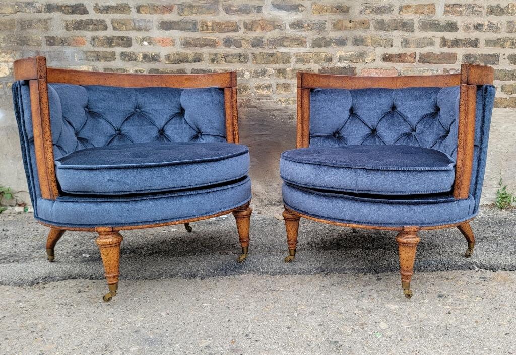 Mid Century Modern Barrel Back Tufted Lounge Chairs Newly Upholstered Blue Mohair Pair Etsy UK